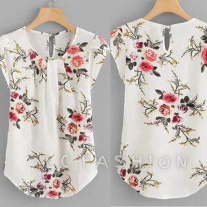 Boho Floral Top, Floral Print Pleated Cap Sleeve Curved Hem Shirt, Summer top